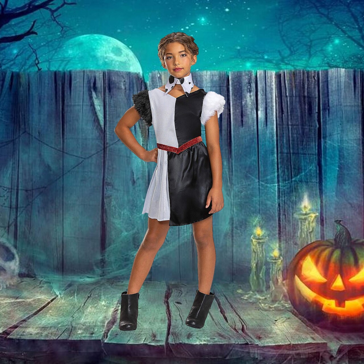 Kids Cruella Costume Disney Villain Dress with Fur Trim and Collar